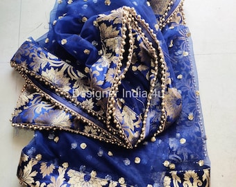 Bridal Blue Dupatta: Embroidered Net Scarf with Banarasi Silk Border