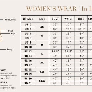 May include: A chart showing women's clothing sizes in US and UK sizes. The chart includes measurements for bust, waist, hips, armhole, and length in inches.