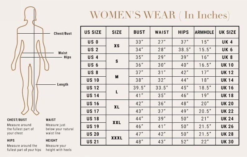 May include: A chart showing women's clothing sizes in US and UK sizes. The chart includes measurements for bust, waist, hips, armhole, and length in inches.