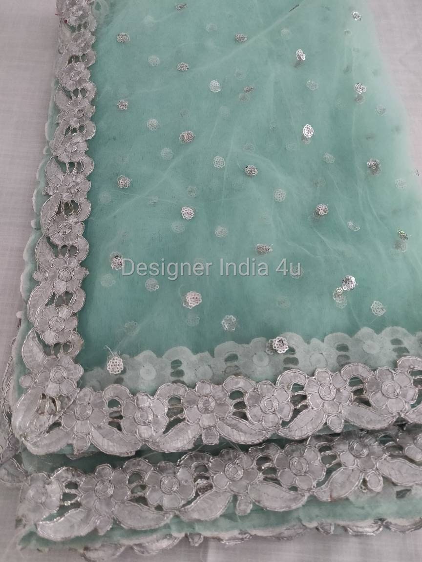 Dupatta Indian Designer Sea Green Silver Lace Chunni Stole | Etsy