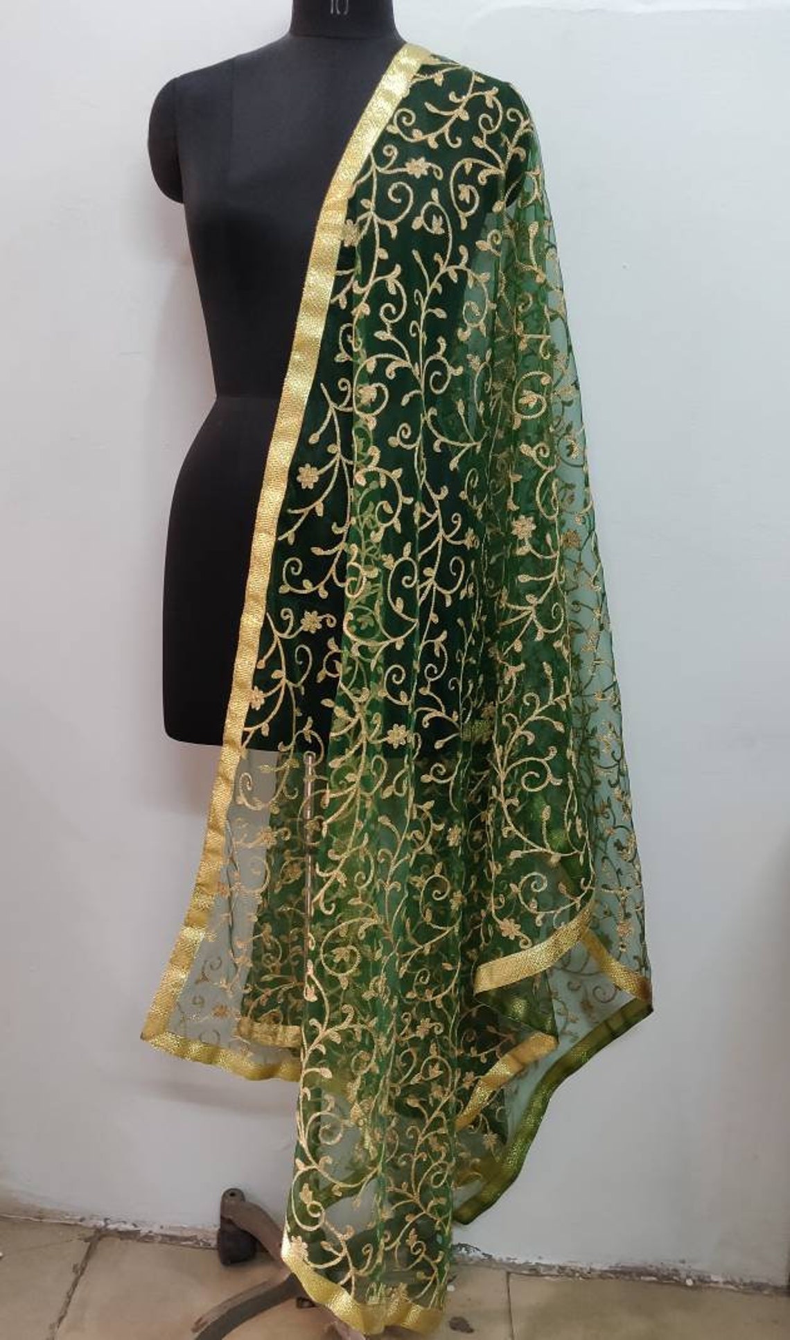 Dupatta Indian Pakistani Designer Bottle Green Color Chunni Etsy Canada