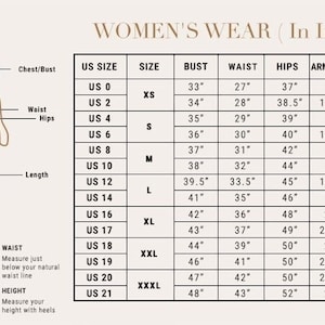 Pu&ograve; includere: Un grafico che mostra le taglie di abbigliamento per donne in taglie USA e Regno Unito. Il grafico include le misure di busto, vita, fianchi, ascella e lunghezza in pollici.