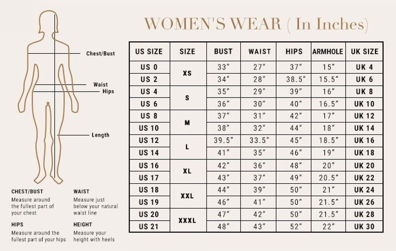 Pu&ograve; includere: Un grafico che mostra le taglie di abbigliamento per donne in taglie USA e Regno Unito. Il grafico include le misure di busto, vita, fianchi, ascella e lunghezza in pollici.