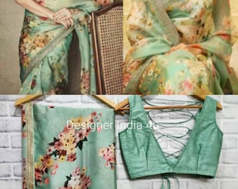 Sari in chiffon floreale verde menta: bordo in paillettes Zari, camicetta cucita