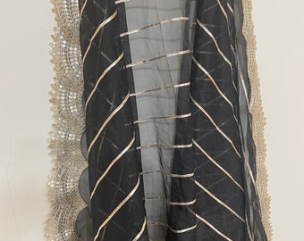 Organza dupatta for women black color gota patti embroidered lace border scarve for girls