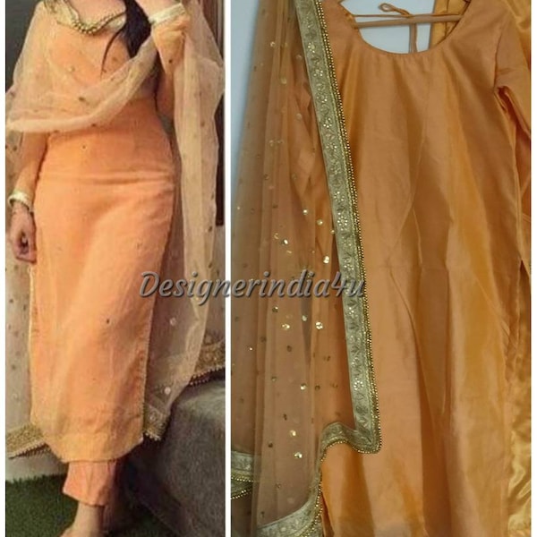 Salwar Kameez Suit Straight Orange Chanderi Silk Kurta Orange Net Dupatta Custom Stitched Dress for Girls Women party wear ethnic Dresses