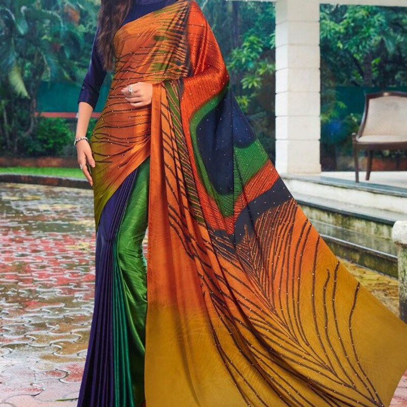 Turquoise Blue Saree with All-Over Ethnic Bird & Floral Digital Print and Contrast Border