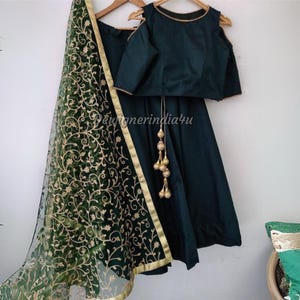 Dark Green Silk Lehenga Choli with Cold Shoulder Blouse & Embroidered Net Dupatta | Custom Stithed Plus Size Indian Wedding Guest Outfit