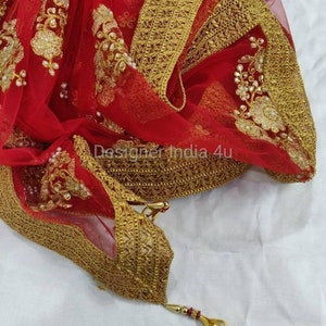 Indian pakistani designer red color wedding dupatta chunni stole scarves embroiderd net for lehenga suit salwar kameez for women and girls