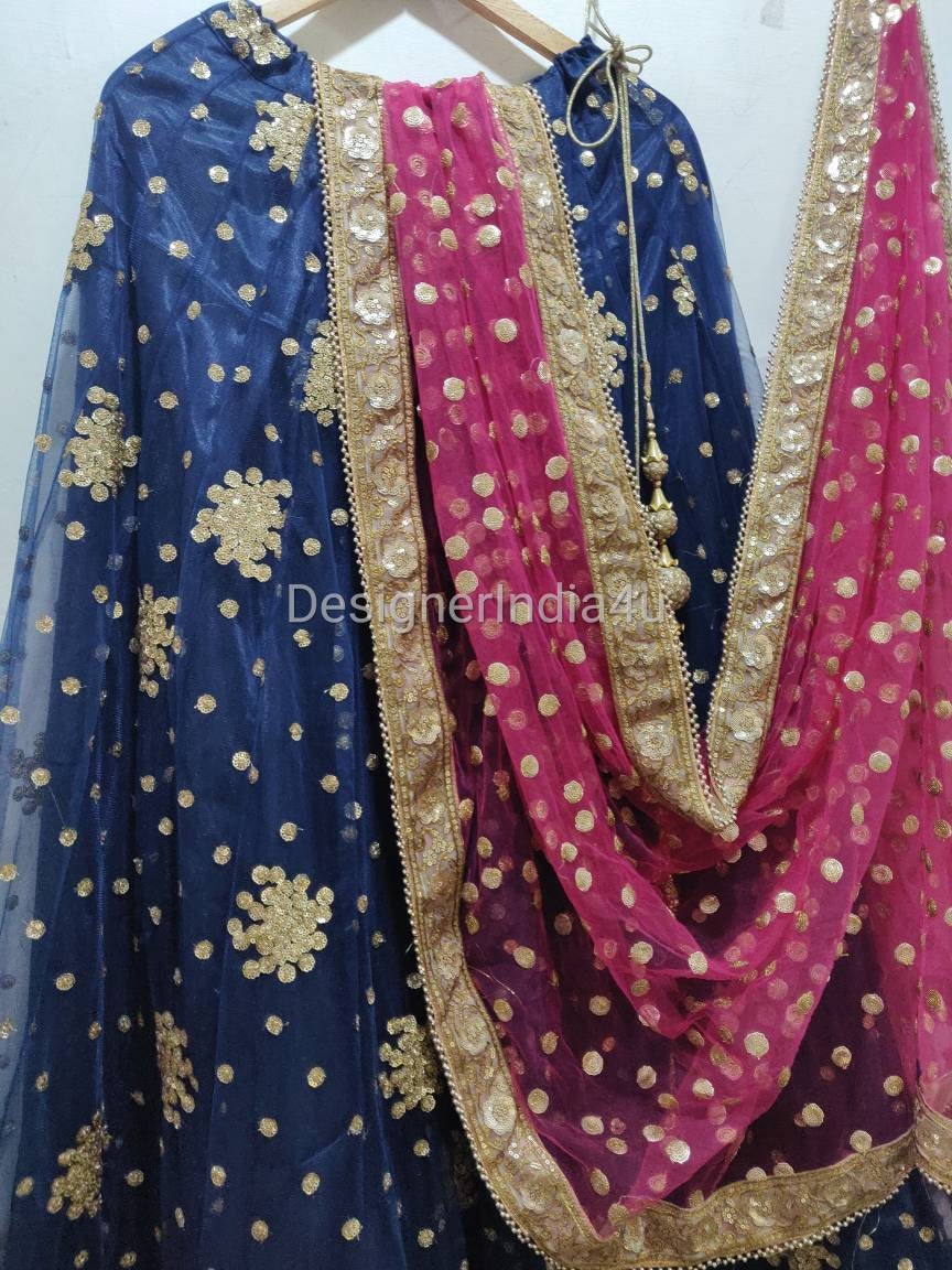 Lehenga Choli Dupatta Indian Designer Navy Blue Pink Lengha - Etsy