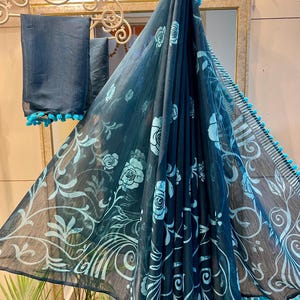 Cotton saree with stitched blouse blue - Fall Pico Done