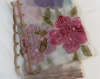 Pastel Floral Nikkah Dupatta – Hand Embroidered Sheer Stole for Women