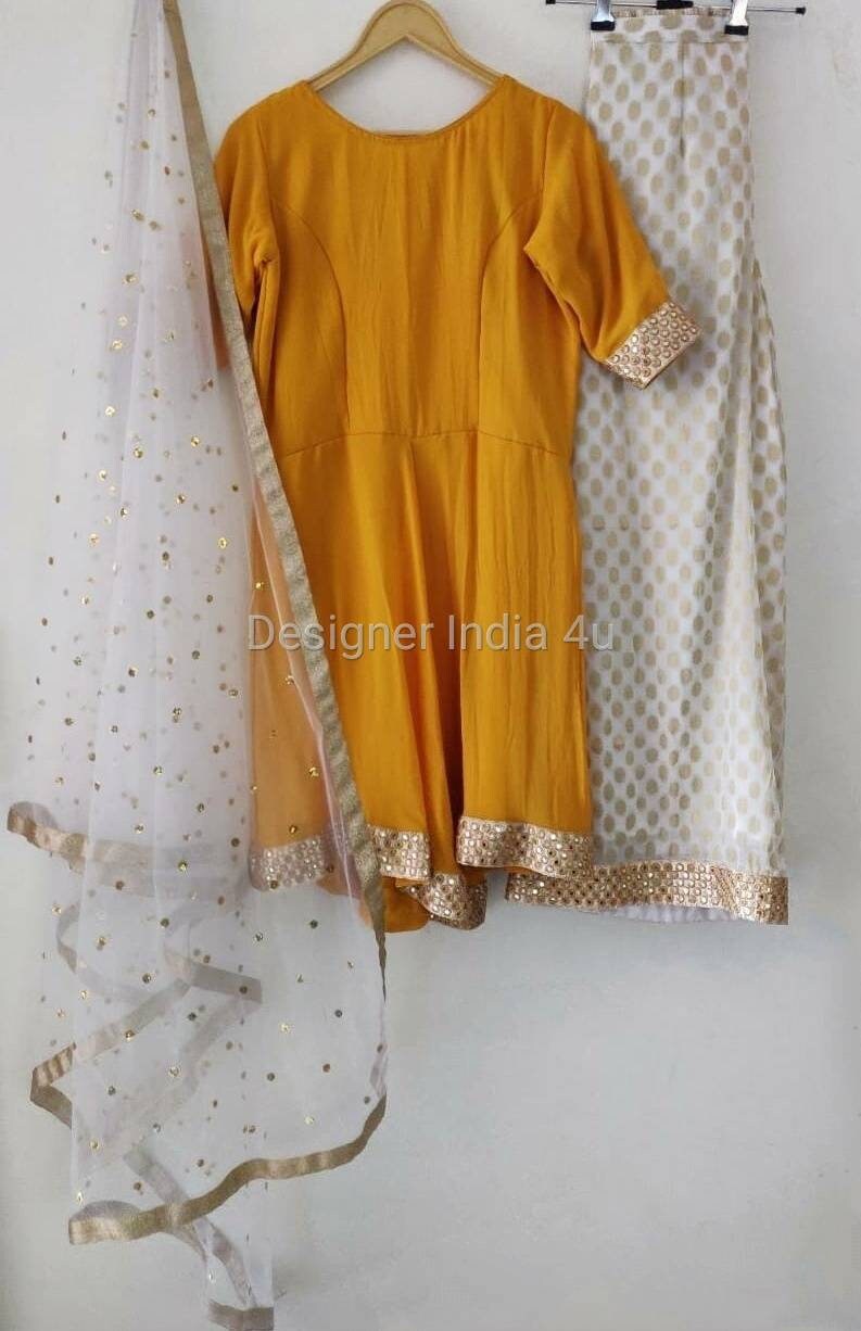 Abito Camicia Kurti Indiano Giallo Per Donna – Tunica Kurta Con Ricamo, Lunghezza 30 Pollici