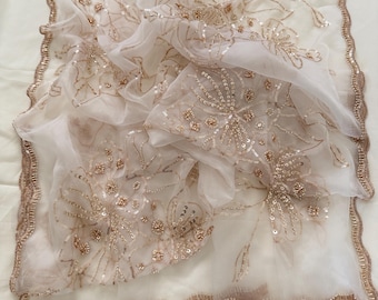 White Hand Embroidered Organza Dupatta with Rose Gold Sequins Beads | 100x40 Inches Size