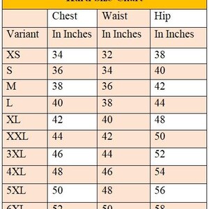 May include: A Kurti size chart with chest, waist, and hip measurements in inches. Sizes range from XS to 6XL, with corresponding measurements. The chart is in a table format with a yellow header.
