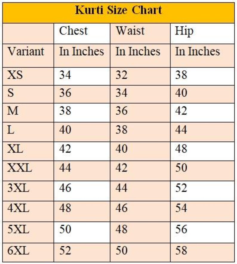 May include: A Kurti size chart with chest, waist, and hip measurements in inches. Sizes range from XS to 6XL, with corresponding measurements. The chart is in a table format with a yellow header.
