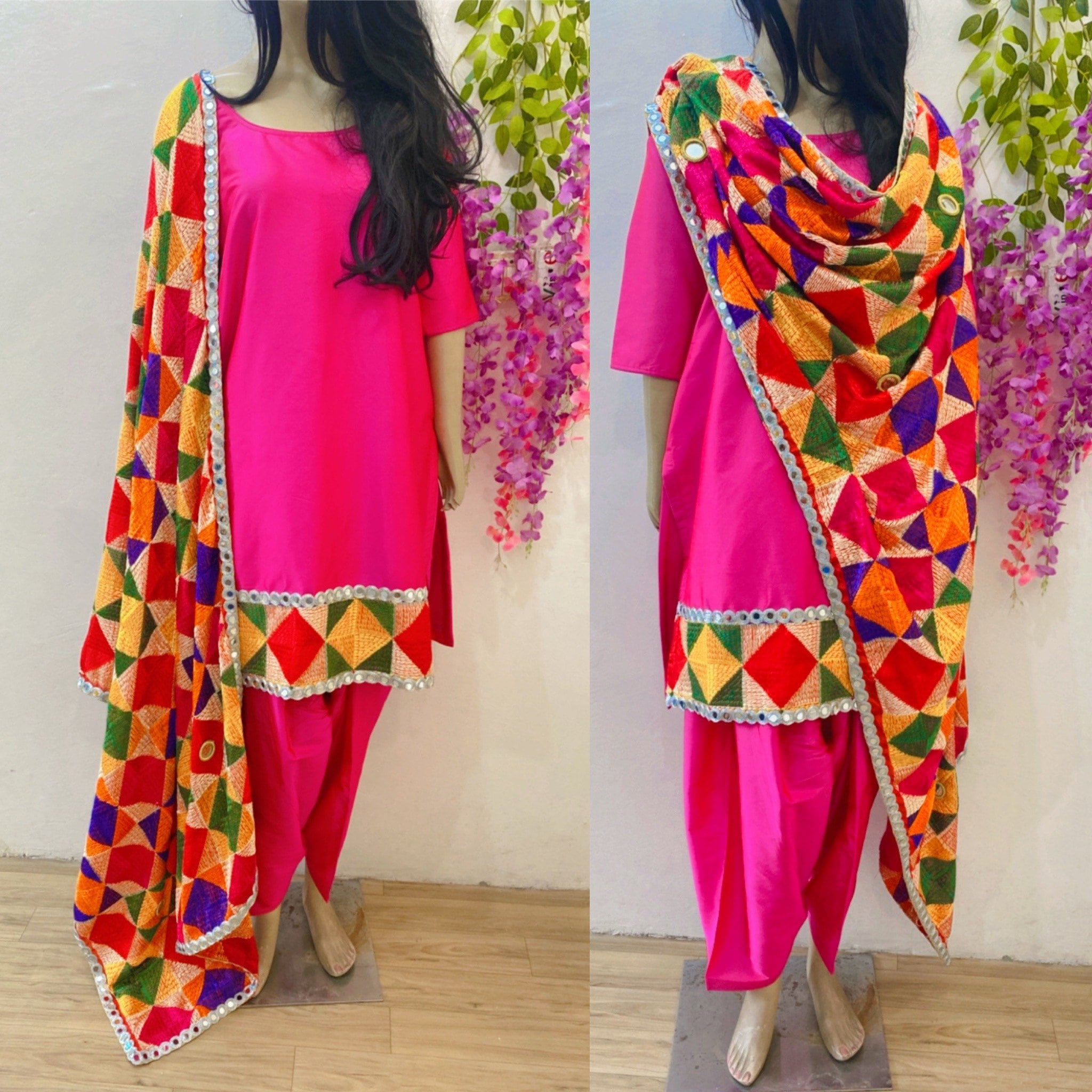 Phulkari Salwar Dupatta Set with Chikan Kurti – Queenley.me