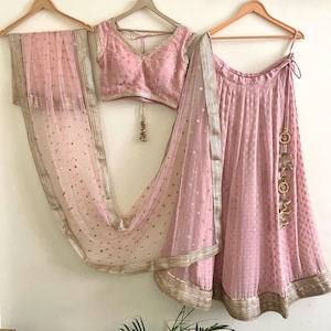 Pastel Pink Georgette Lehenga Choli with Sequin Embroidery & Net Dupatta | Custom Bridesmaid Lehenga Set | Indian Wedding Guest Outfit