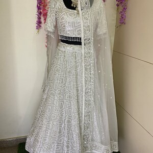 Off-White Sequins Thread Embroidered Lehenga Blouse with Dupatta Elegant Wedding Festive Wear