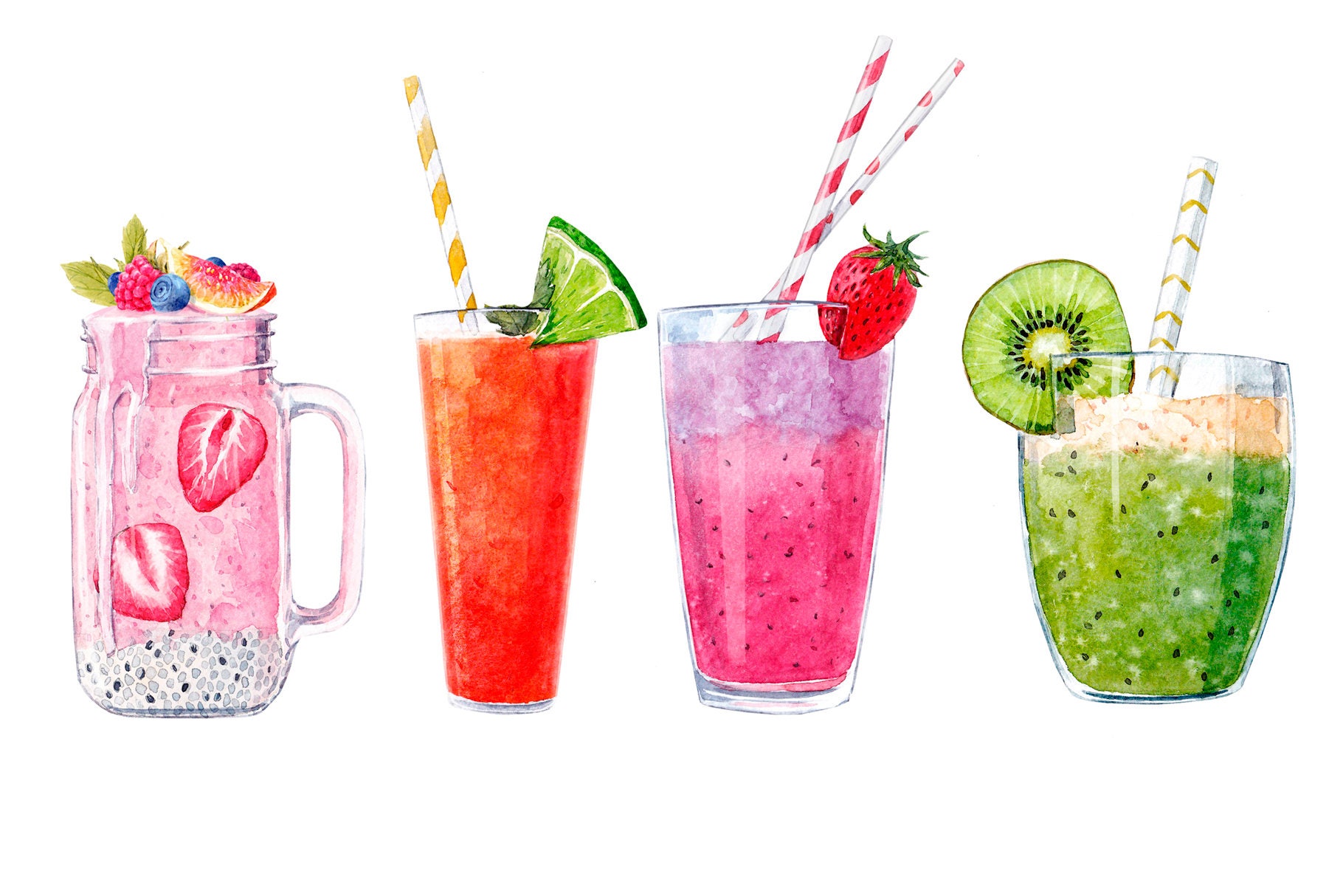 Watercolor Art Smoothie Illustration Pack Summer Drink Vegan Etsy