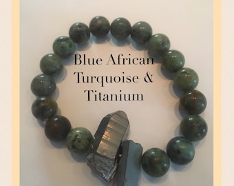 Blue African Turquoise & Titanium 10mm Beaded Bracelet