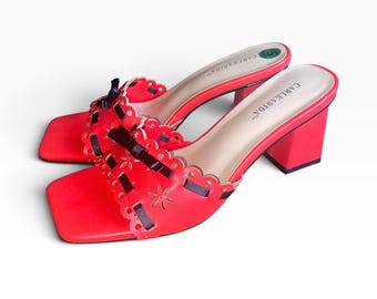 CarlKarida Red Block Heel Mule Sandals Women’s 5.5 Floral Cutout Ribbon Y2K