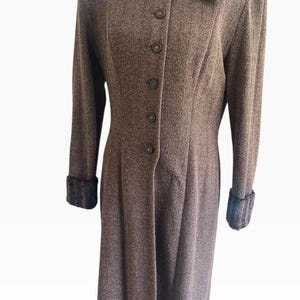 Vintage 80s Caché Brown Maxi Coat Size 8 Faux Fur Trim Shoulder Pads Long Duster