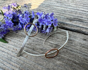 Faux Hoops crafted from hammered sterling silver e … a slice of silver ,  piercing a brass ring, you’ll feel like a warrioress in these.