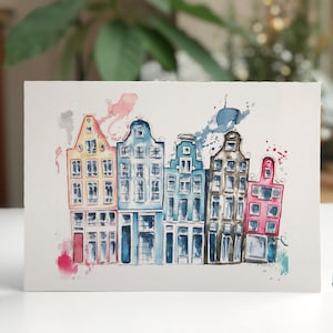 A5-PRINTS van Amsterdamse huizen, eenzijdige aquarelafdrukken op structuurpapier om in te lijsten