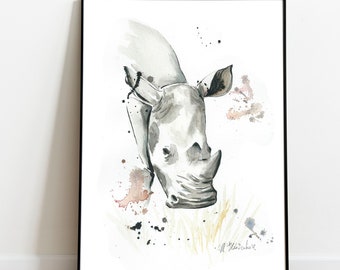 White Rhinoceros Original Watercolour Painting, endangered, kids room, nursery art