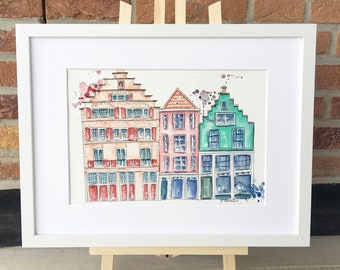 Amsterdam Houses Whimsical Original Watercolour Painting - City Painting