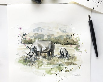 African Rhino Original Watercolor Painting - African safari