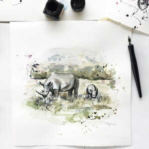 African Rhino Original Watercolor Painting - African safari