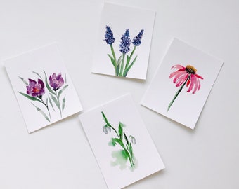 Set of 4 Watercolour Floral Cards, A6 blank cards for Birthday, Anniversary, Mother’s Day