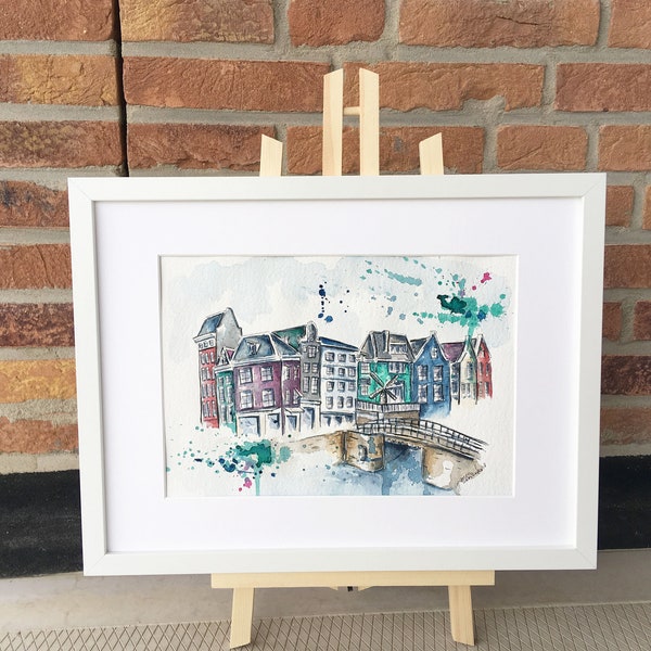 Amsterdam Canal Houses Original Watercolor Painting - City Painting