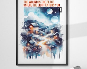 The Wound is The Place Where... Framed & Print Rumi Quote Poster, Spiritual Rumi Poem,  Motivational Rumi Quote Wall Art Poster Print -24