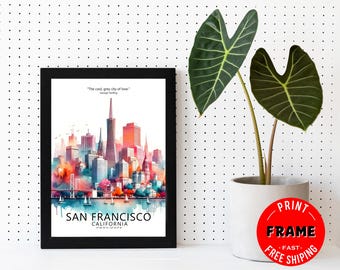 San Francisco Skyline Framed Poster, San Francisco Wall Art, Cityscape, City Poster, US Cities Wall Art, Travel Wall Decor