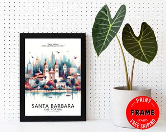 Santa Barbara Skyline Framed Poster, Santa Barbara California Poster, Cityscape, City Poster, US Cities Wall Art, Travel Poster