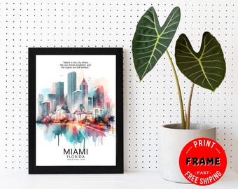 Miami Skyline Framed Poster, Miami Florida Poster, Cityscape, City Poster, US Cities Wall Art, Travel Wall Decor