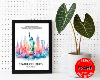 Statue Of Liberty Skyline Framed Poster, Statue Of Liberty Poster, Cityscape, City Poster, US Cities Wall Art, Travel Wall Art