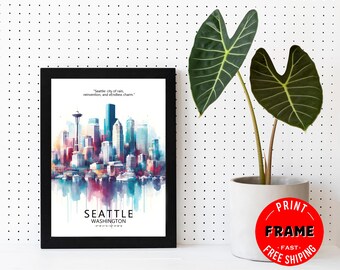 Seattle Skyline Framed Poster, Seattle Poster, Cityscape, City Poster, US Cities Wall Art, Travel Wall Decor