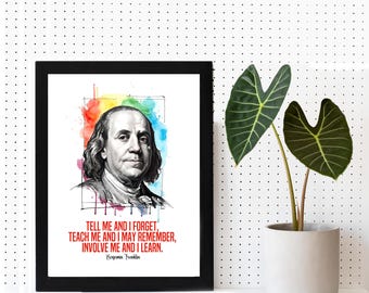 Framed Benjamin Franklin Poster, Founding Fathers Wall Art, US History Patriot Print, Educational Decor, Inspirational Inventor
