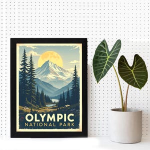 May include: Framed art print featuring a vintage-style landscape of Olympic National Park. The artwork showcases a mountain range, a lake, and tall pine trees under a large yellow sun. The words "OLYMPIC NATIONAL PARK" are printed in a bold, vintage font.