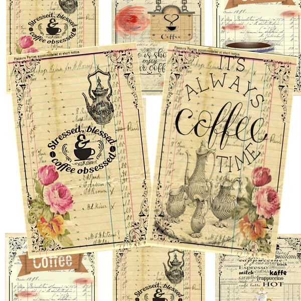 Eight ANtiqUe ShAbbY CoFFeE Tiles/Gift Tags/Cards/Labels/Logos/Scrapbooking/Journal Pages Printable Digital Downloads