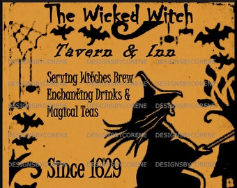 Halloween Wicked Witch Tavern & Inn Pantry Logo, Crock Jar Labels, Pillows,Wall Art/Tags/FeedSack Logo Digital Download Printable
