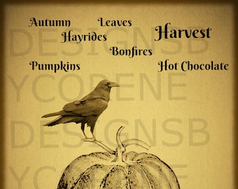 Primitive Autumn Harvest Pumpkin Crow Label Print Digital Image Feed sack Logo for Pillows Labels Hang tags Magnets Ornie Wall Art