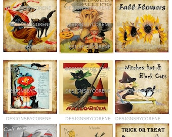 Vintage Fall/Halloween Collage Set of 9 Prints/Tags/Cards, Digital Printable Download