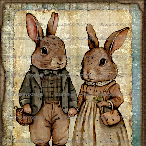 Primitive Country  Bunnies/Rabbits/Hares Digital Download Sublimation Labels, Logos, Tote Bags/Cards/Tags/Decoupage/Prints