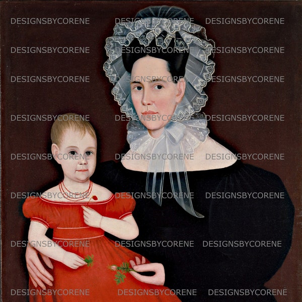 Primitive Colonial Portrait Mother and Daughter Wall Art Decor/Transfer/Gift Tags/Cards Graphic Print Instant Download Printable