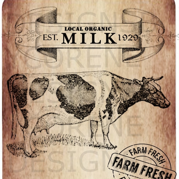 Primitive Diary Milk Cow Farm Fresh Print Farmhouse Digital Image Feed sack Logo for Pillows Labels Hang tags Magnets Ornies